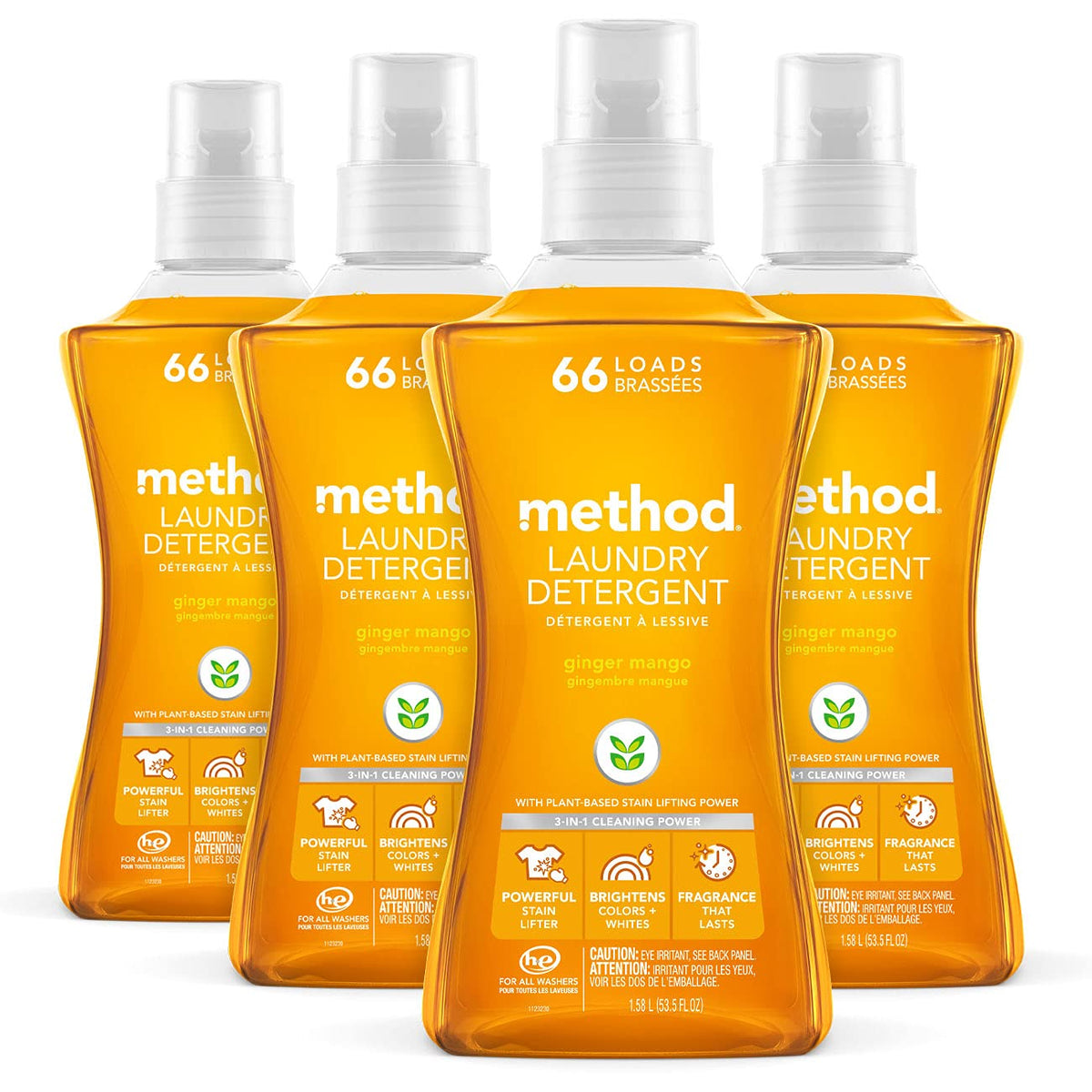 Method Liquid Laundry Detergent, Hypoallergenic + Biodegradable Formula, Plant-Based Stain Remover, Ginger Mango Scent, 66 Loads per 1.5 Liter Bottle, 4 Pack (264 Total Loads), Packaging May Vary