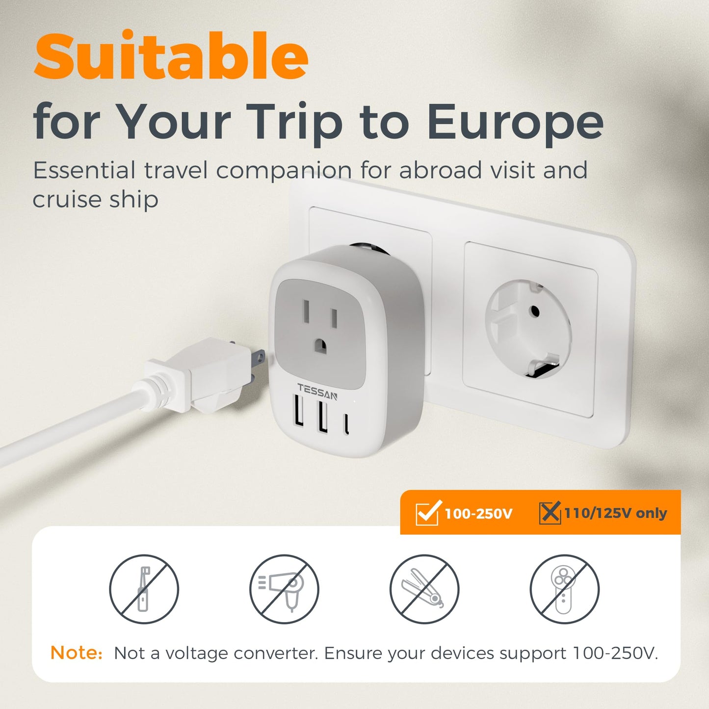 TESSAN Canada to European Travel Adapter 2 Pack, Plug Adaptor