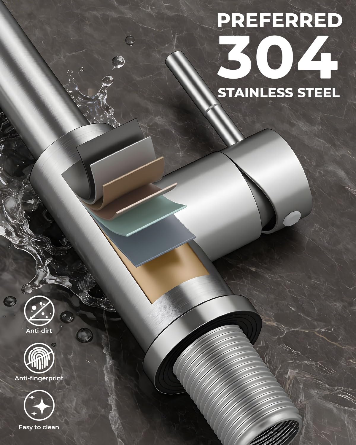WEWE Pull-Down Kitchen Faucet with Sprayer 3 Modes, High Arc Stainless Steel with Brushed Nickel Finish, for 1 or 3 Hole Kitchen Sinks for Pot Filler, Farmhouse Bar Laundry