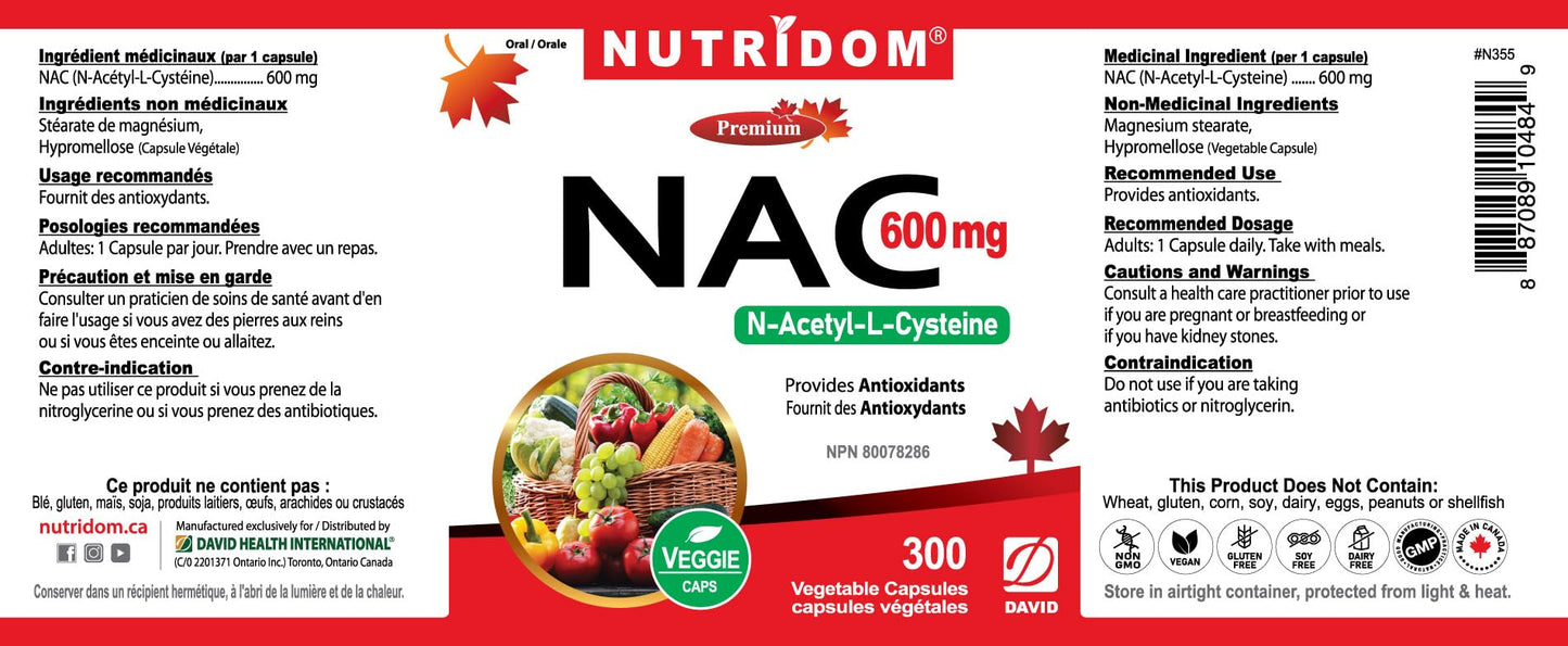 Nutridom NAC 600 mg, 300 Capsules, Canadian-Made N-Acetyl-L-Cysteine Supplement, Non-GMO, Vegan, Gluten Free, Made in Canada - Available at All In One Marketplace Canada