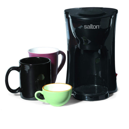Salton 1 Cup Mini Single Serve Coffee Maker with Reusable Mesh Filter, With Bonus Ceramic Mug for Home or Office, Compact 10 Oz, Black (FC1205)