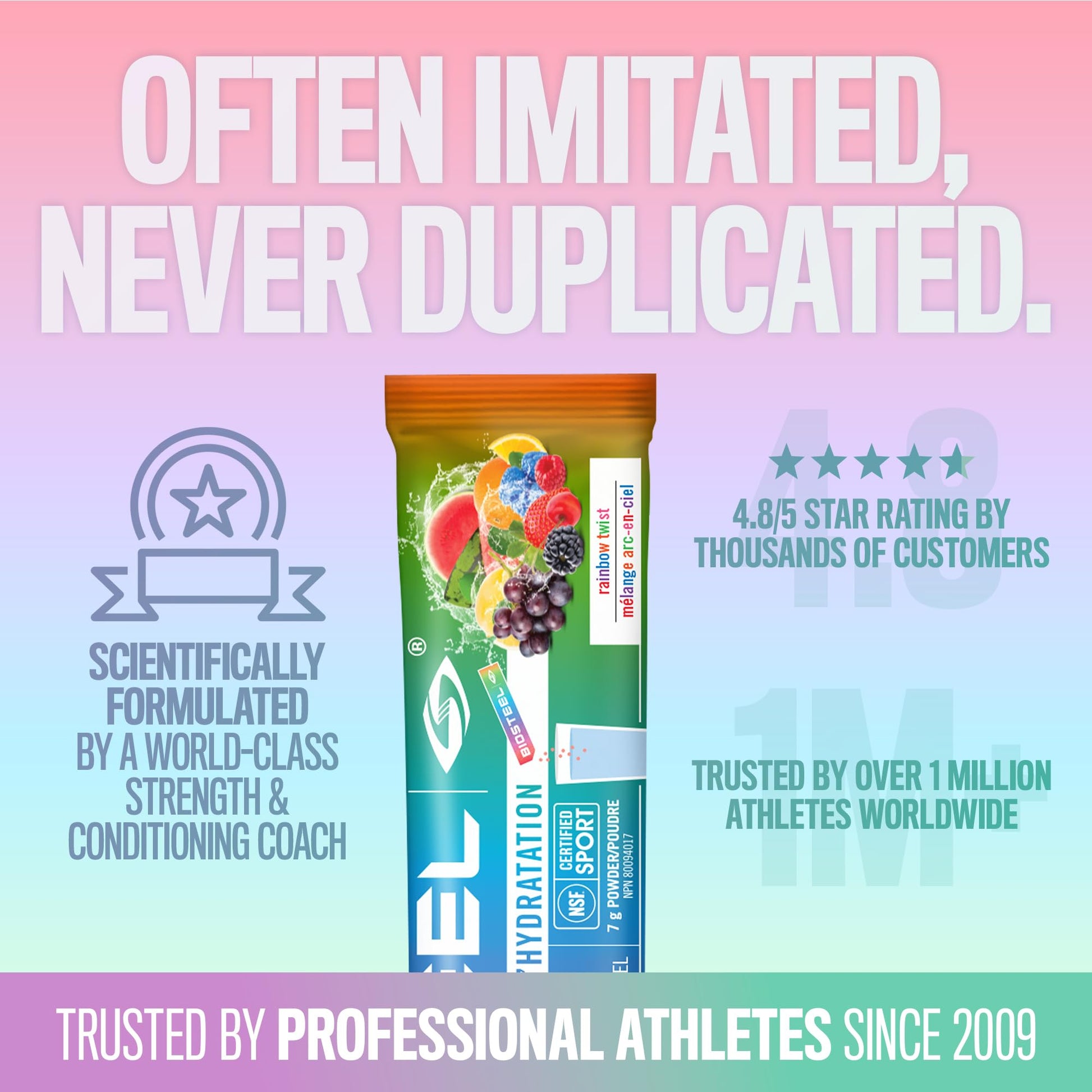 BioSteel Electrolyte Hydration Mix, Rainbow Twist, 12 Sticks, Zero Sugar BioSteel Sports