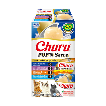 INABA Churu Pop'N Serve Jelly Cat Treat with Vitamin E & Taurine, 34 gram Cup, 20 Cups, Tuna & Chicken Variety