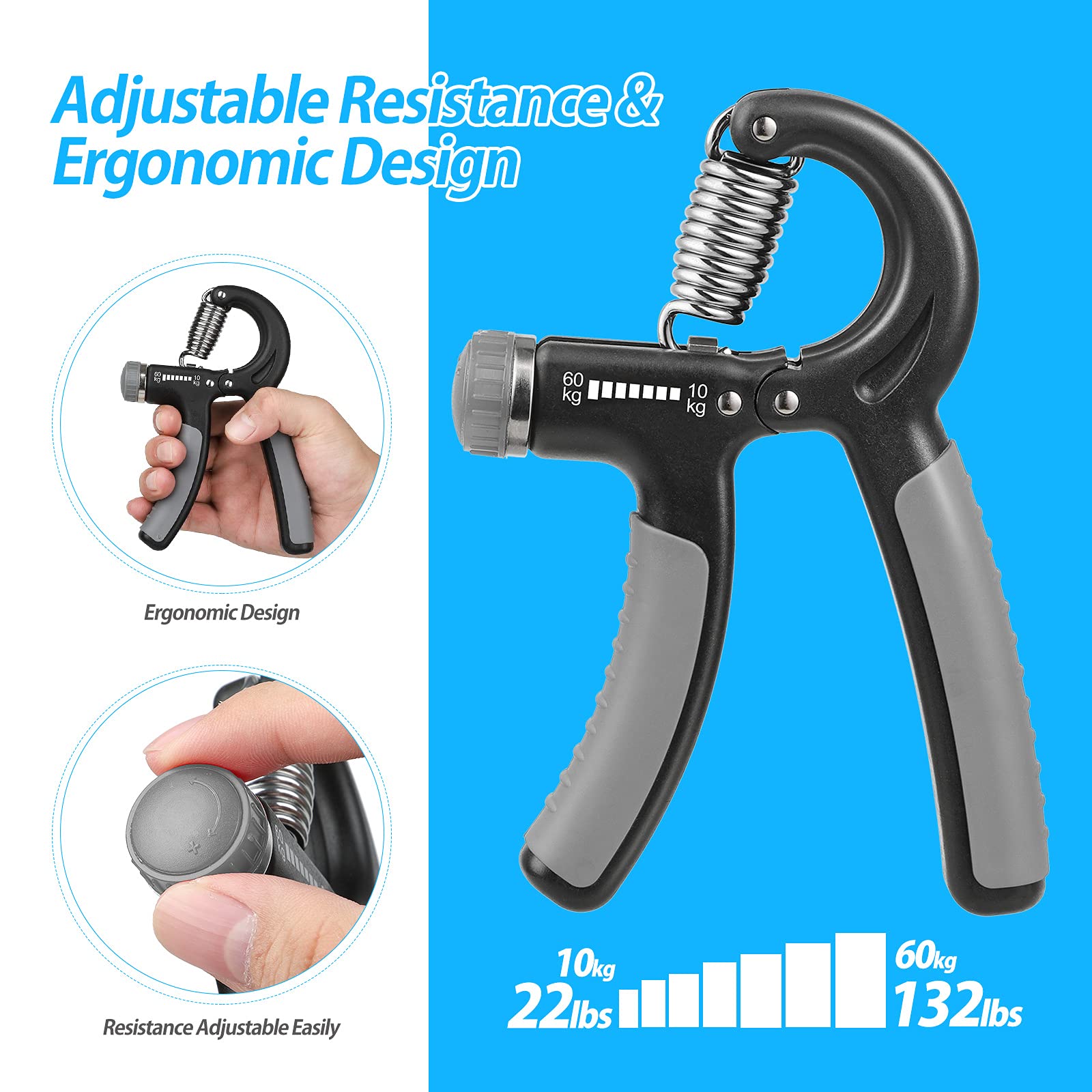 NIYIKOW 2 Pack Hand Grip Strengthener, Grip Strength Trainer, Adjustable Resistance 22-132Lbs (10-60kg), Forearm Strengthener, Perfect for Musicians Athletes - Grey