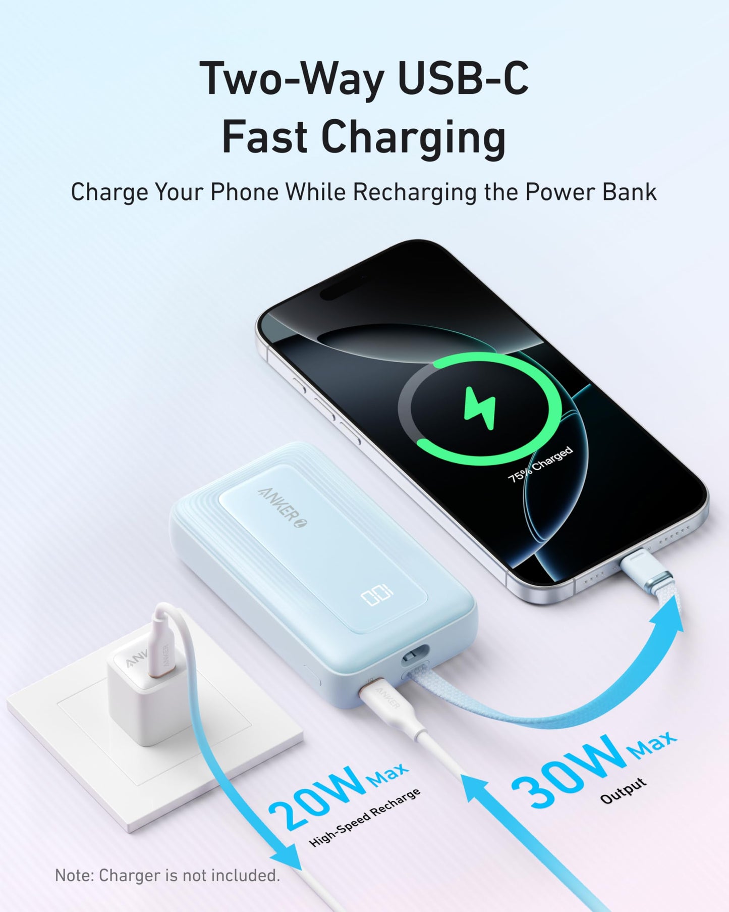 Anker Portable Charger, 10,000mAh 30W Power Bank, USB-C in and Out Fast Charging Battery Pack, Travel Essential Phone Power Bank, for iPhone 17/16, Galaxy and More (Black, 10000.00, Milliamp Hours)