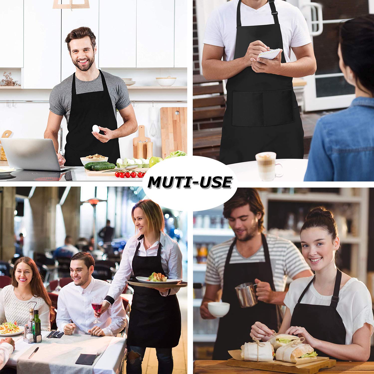 4 Packs Chef Apron, Black Waterproof Apron, Adjustable Apron with 2 Pockets for Men Women, Professional Apron for Kitchen Cooking Gardening Painting Baking Restaurant (Black) - Available at All In One Marketplace Canada
