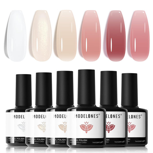 Modelones Jelly Gel Nail Polish 6 Colors Nude Gel Polish Milky White Neutral Nail Gel Polish Shimmery Glitter Translucent Nail Art Gel Kit Soak off Gel Manicure DIY Salon Nail Gift