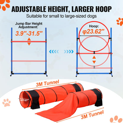 VEVOR Dog Agility Training Equipment, 7 PCS Set Upgrade w/Adjustable High Hurdles,6 Weave Poles,2 Tunnels,Jump Ring,Pause Box, Whistle,Foldable Bowl,Puppy Obstacle Course Kit w/ 3 Bags VEVOR