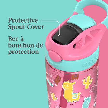 Contigo Kids Aubrey Straw Water Bottle with Leak-Proof Lid, BPA-Free Plastic, Dishwasher Safe, Azalea Jade Llama, 14 oz (414 mL)