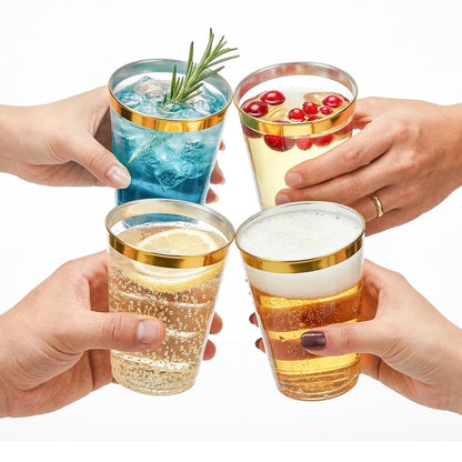 Tebery 100 Pack 12 Oz Gold Plastic Cups, Heavy Duty Clear Wedding Party Tumblers, Reusable BPA-Free Wine Cup with Gold Rim, Cocktail Drinkware for Picnic, BBQ, Camping, Christmas Events 🍁 All In One Marketplace Canada