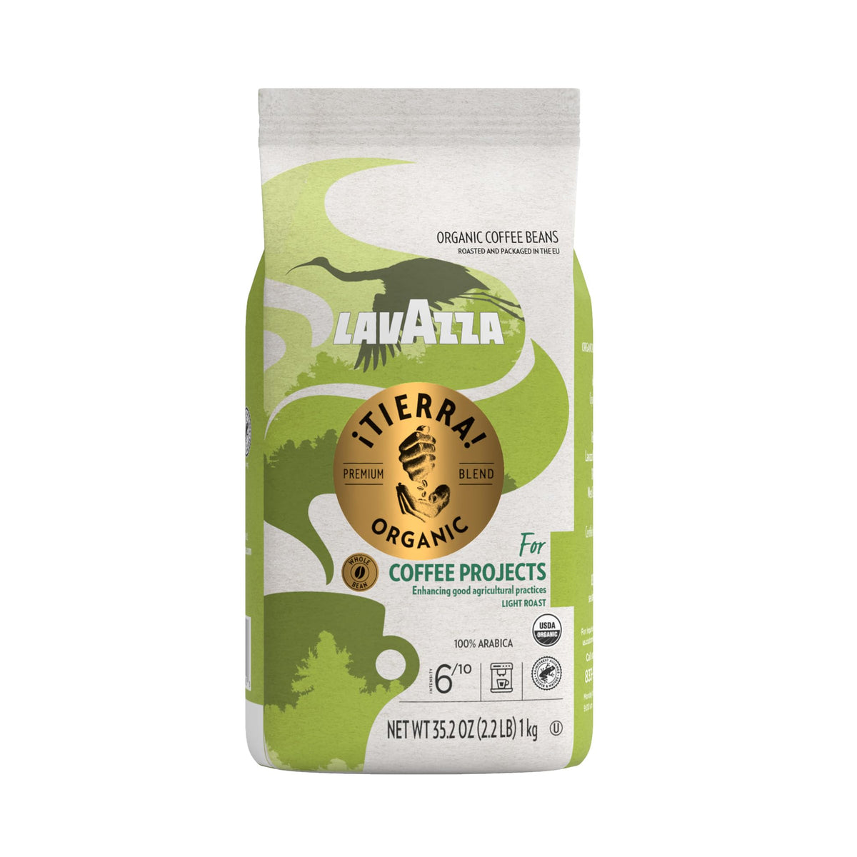 Lavazza Organic Tierra Whole Bean Coffee Blend - Light Roast, Premium Arabica Beans - 1KG Bag