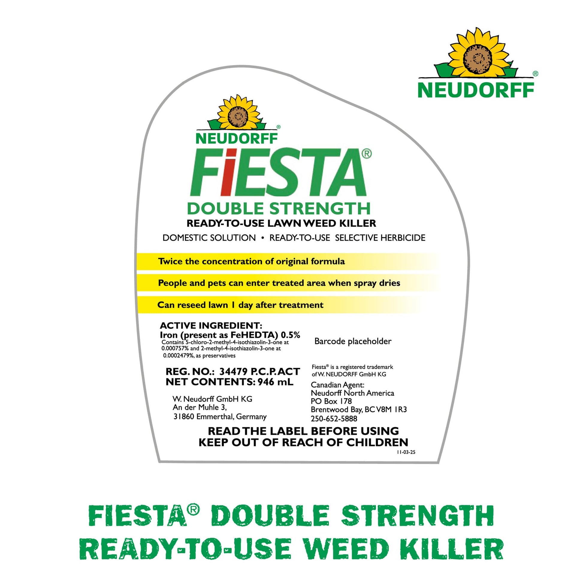 Neudorff Fiesta Lawn Weed Killer Double Strength RTU, See Results in Hours & Can Reseed Lawn 1 Day After Treatment, People & Pets Can Enter Treated Area When Spray Dries, Made with Iron (946 ML)