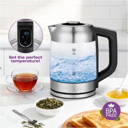 Salton Temperature Control Glass Kettle – 1.7 L | 7 Temperature Settings (104°F–212°F / 40°C–100°C) | Bonus Tea Steeper | LED Colour Change | Keep Warm Function | 360° Swivel Base | Proudly Canadian