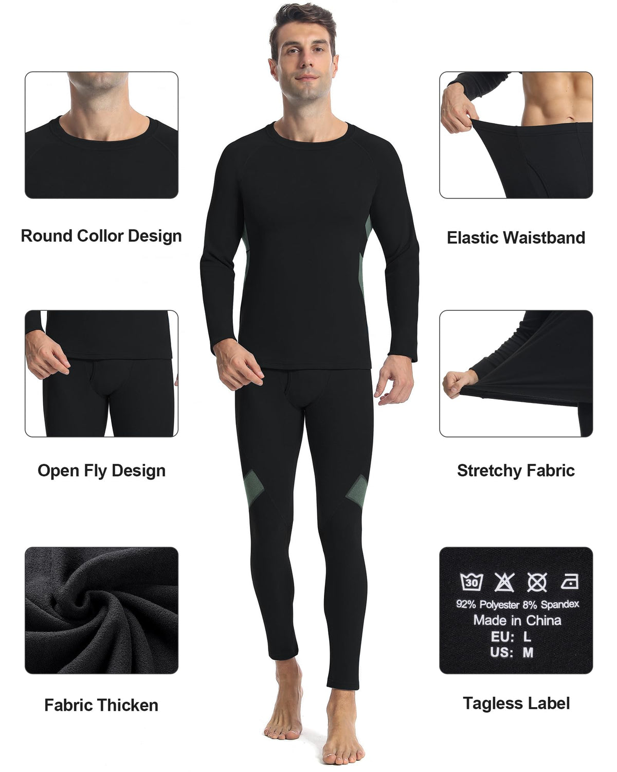 Runhit Thermal Long John Set for Men: Winter Base Layer Mens Thermal Underwear Long Sleeve Shirts Pants Extreme Cold Black-Green XLarge 🍁 All In One Marketplace Canada