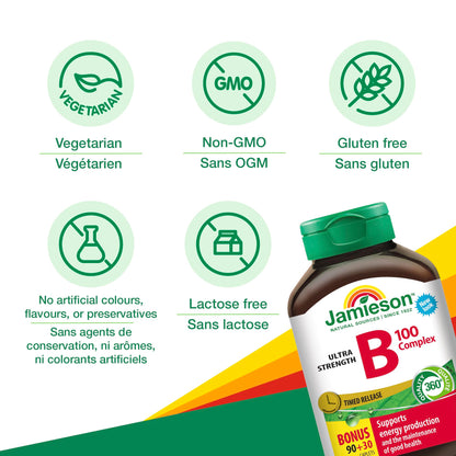 Jamieson Vitamin B100 Complex Caplets, Timed Released, Ultra Strength, Naturally Energizing, and Supports Metabolism. Vegetarian, Non-GMO, Gluten-Free, 120 Count, Proudly Canadian - Available at All In One Marketplace Canada