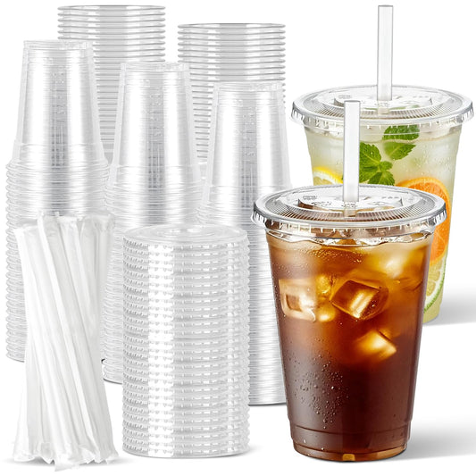 Joyeux 100 Pack 16 oz Clear Plastic Cups with Lids and Straws - Disposable Iced Coffee Cups for Matcha, Milkshakes, Smoothies and to go Drinks - Available at All In One Marketplace Canada