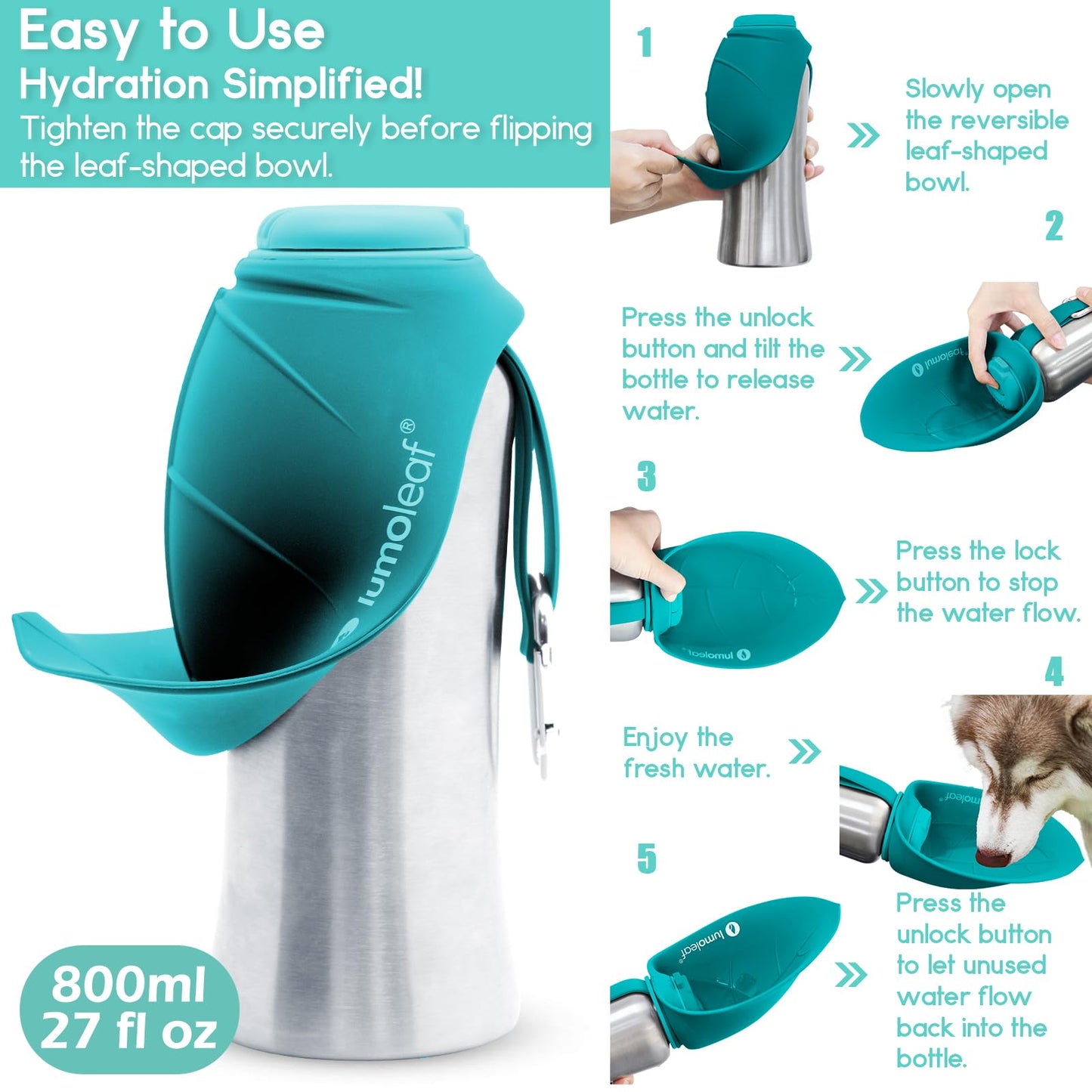 LumoLeaf Portable Dog Water Bottle 800 ml, Stainless Steel Pet Travel Water Bottle Dispenser for Walking, Hiking and Outdoor, Portable Water Bowl for Large Dogs (Blue)