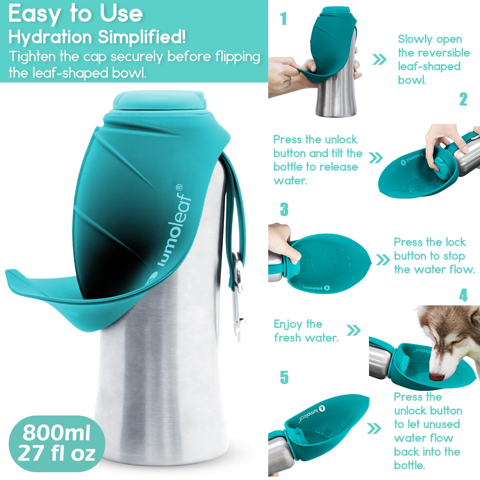 LumoLeaf Portable Dog Water Bottle 800 ml, Stainless Steel Pet Travel Water Bottle Dispenser for Walking, Hiking and Outdoor, Portable Water Bowl for Large Dogs (Blue)