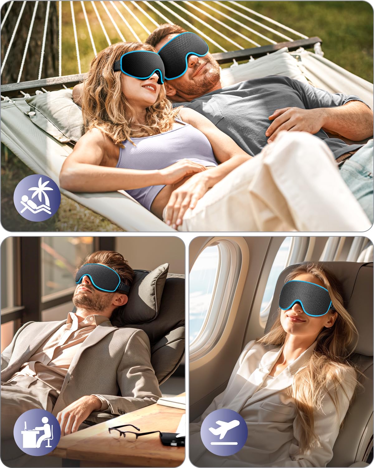 WAOAW Sleep Mask Blackout, Eye Mask for Sleeping - 3D Breathable Soft Comfortable， Adjustable Light Blocking Night Sleeping Mask（Blue）
