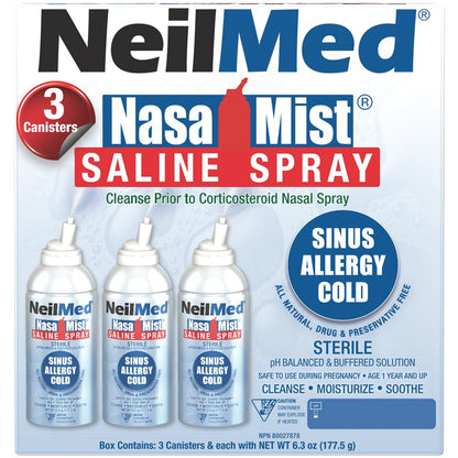 NeilMed NasaMist Saline Spray 177mL. All Natural pH Balanced & Buffered Solution - Soothe, Moisturize and Cleanse Using Specially Designed tip. Contains 3 canisters