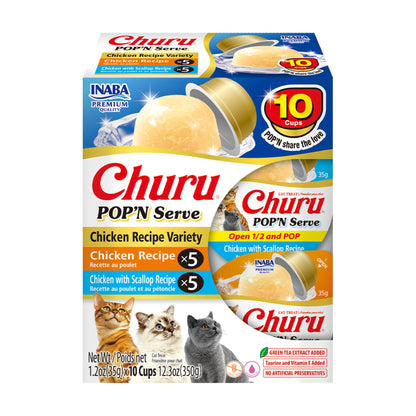 INABA Churu Pop'N Serve Jelly Cat Treat with Vitamin E & Taurine, 34 gram Cup, 10 Cups, Chicken Variety