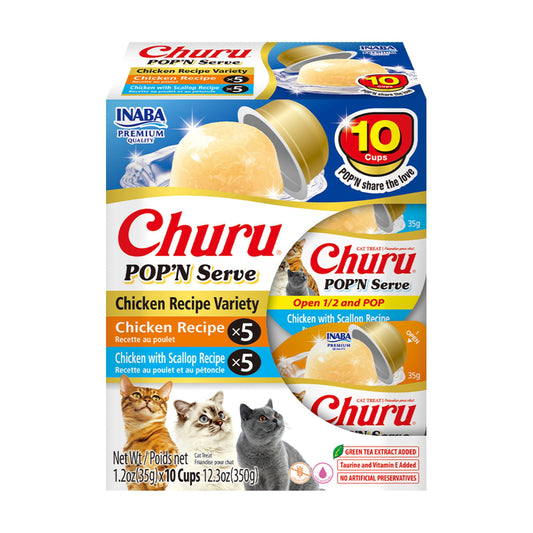 INABA Churu Pop'N Serve Jelly Cat Treat with Vitamin E & Taurine, 34 gram Cup, 10 Cups, Chicken Variety