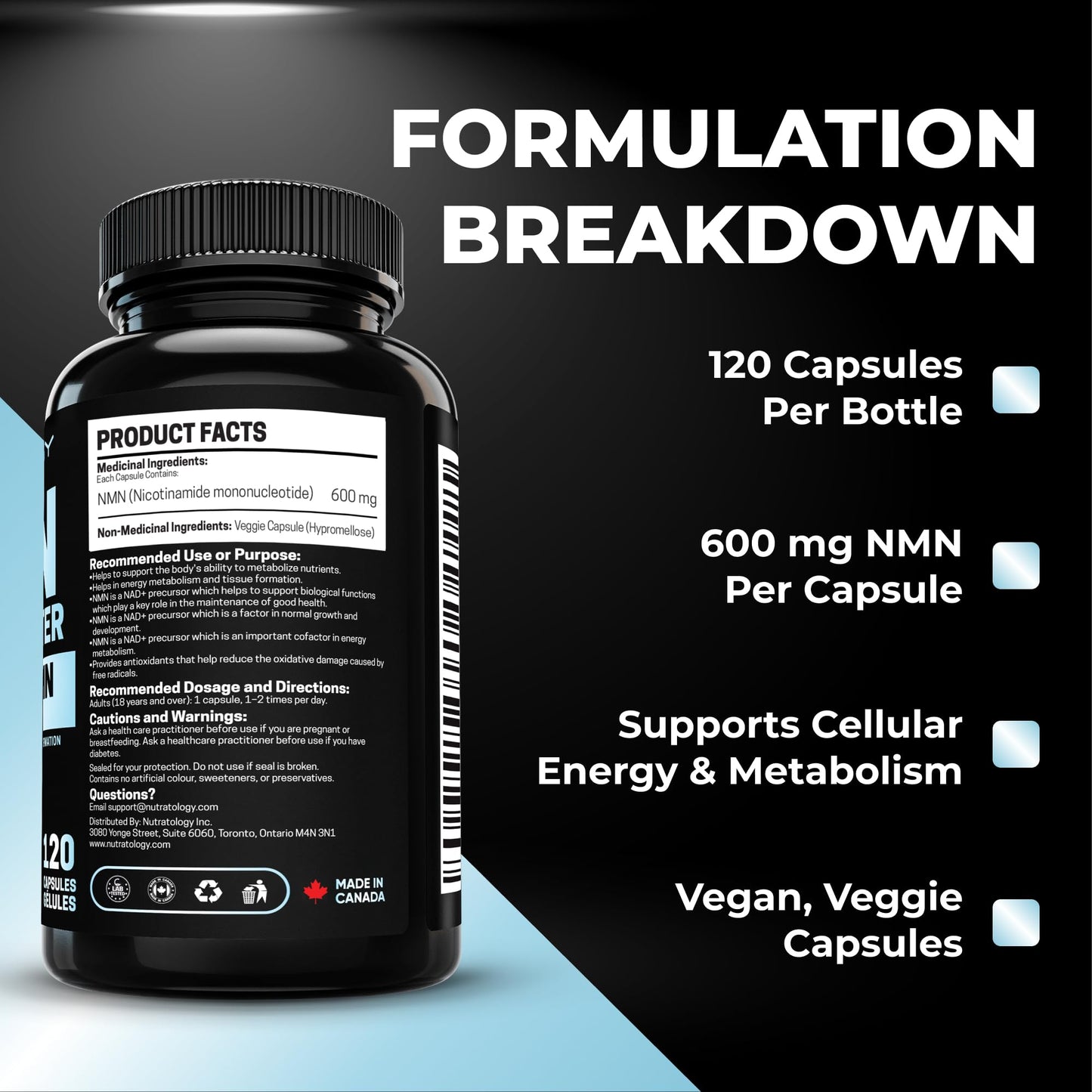Nutratology® NMN Supplement - 1200 mg Per Serving - NAD+ Booster - Made In Canada - Premium 99% Purity - Protects Cellular Health & Supports Healthy Aging - 120 Capsules