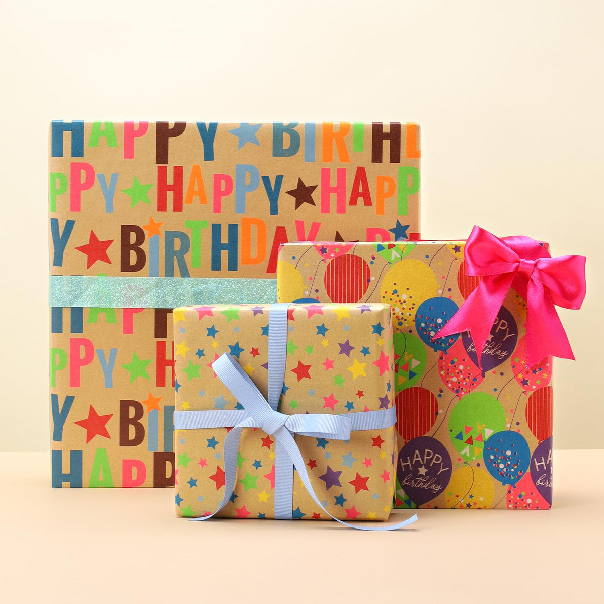 BIOBROWN Kraft Birthday Wrapping Paper 3 Rolls, Colorful Balloons & Star 🍁 All In One Marketplace Canada