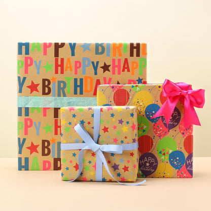 BIOBROWN Kraft Birthday Wrapping Paper 3 Rolls, Colorful Balloons & Star 🍁 All In One Marketplace Canada