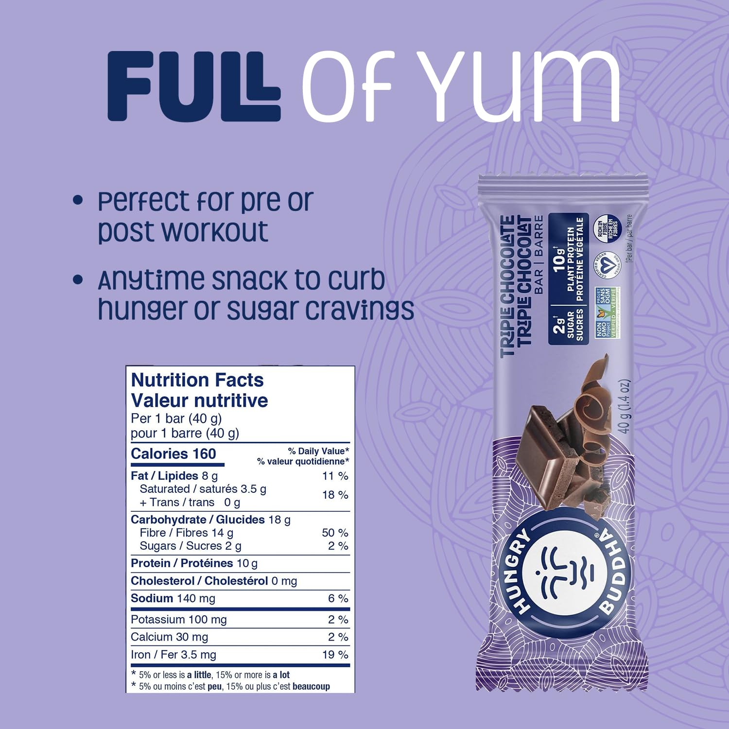 Hungry Buddha Plant-Based Protein Bars - Triple Chocolate, Low Sugar, High Protein (Pack of 12)