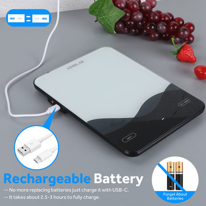 AIMILAR Digital Kitchen Scale 22lb/10kg USB-C Rechargeable, Tempered Glass Top Easy Clean, LED Touch Screen No Buttons, Auto Shut Off - Available at All In One Marketplace Canada