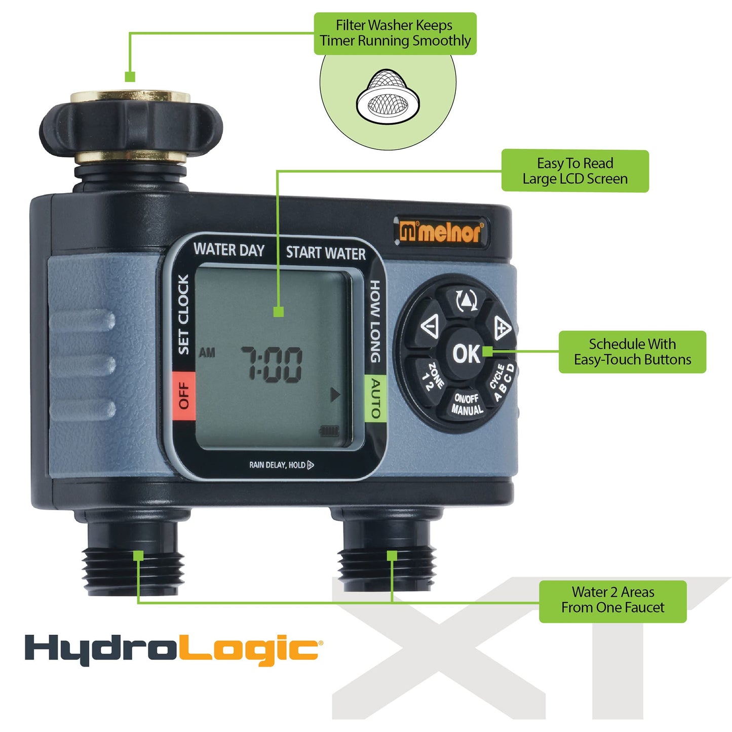Melnor 65166AMZ HydroLogic Digital Hose Timer, 2-Zone Programmable Watering Timer, Quick Connect Bundle, Black, Grey Melnor