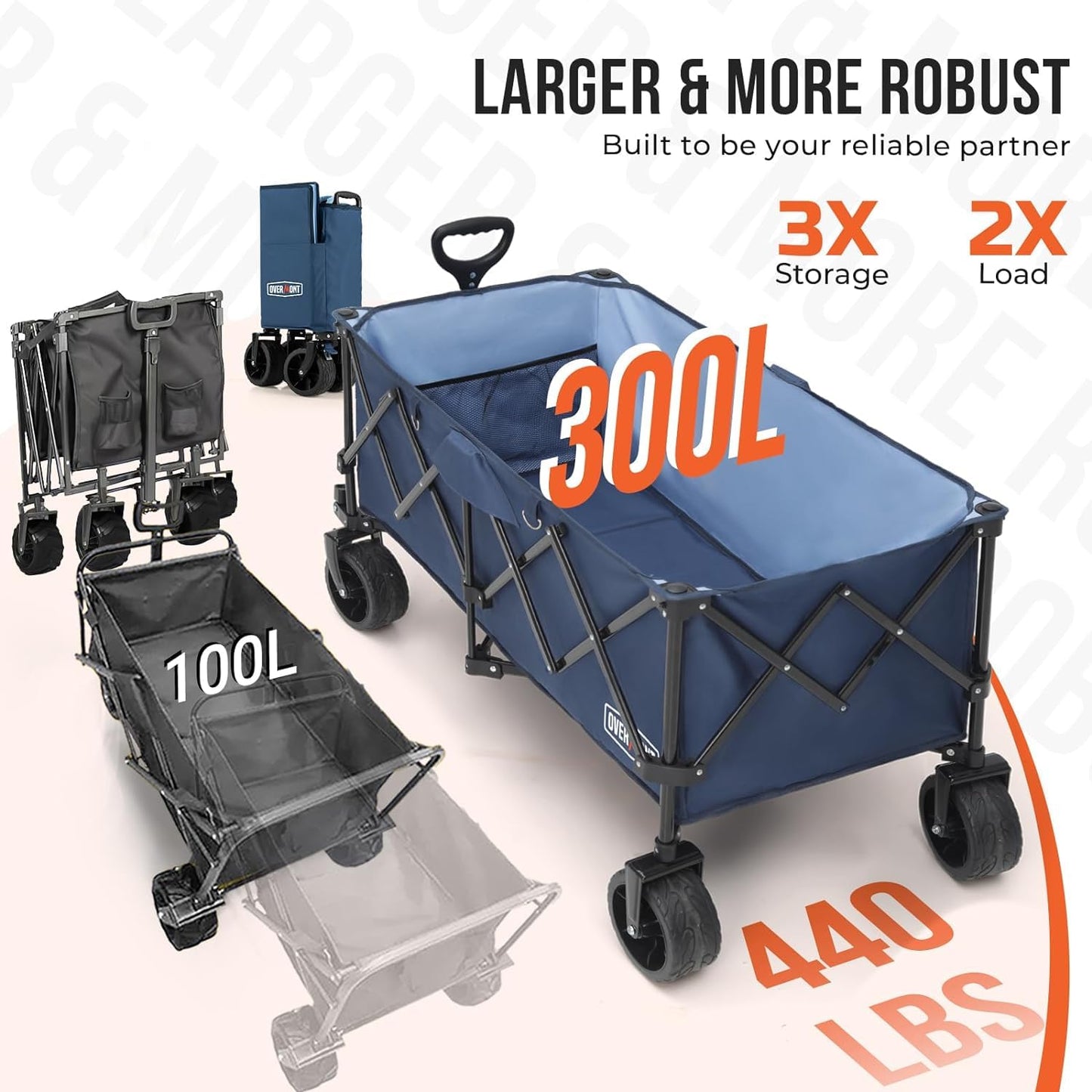 Overmont 300L Foldable Collapsible Wagon - Heavy Duty Utility Beach Wagon Cart with Rotatable Wide Wheels Inside Pockets for Camping Garden Shopping Sports - 440lbs Load OVERMONT