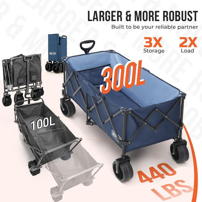 Overmont 300L Foldable Collapsible Wagon - Heavy Duty Utility Beach Wagon Cart with Rotatable Wide Wheels Inside Pockets for Camping Garden Shopping Sports - 440lbs Load OVERMONT