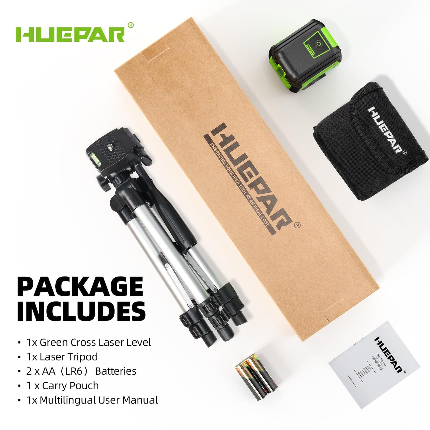Huepar Self Leveling Laser Level with Tripod, 98Ft Green Cross Line Laser Leveler Tool for Picture Hanging, Tile, Home Renovation, Indoor Project, Battery Included, 40in Tripod - Available at All In One Marketplace Canada