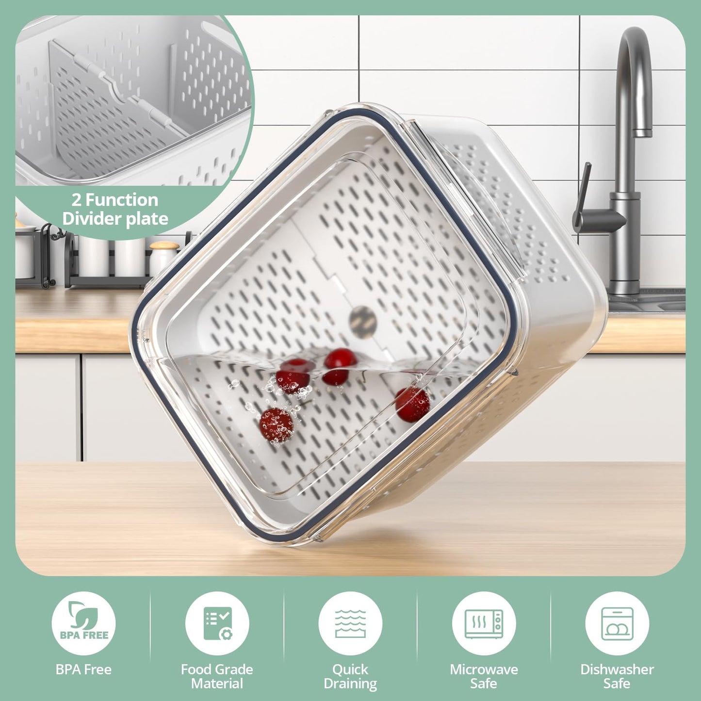 Fruit Storage Containers for Fridge with Removable Colander, 8 Pack Fruit Containers for Fridge with 2 Function Divider Plate, Airtight Storage Container to Keep Berry Fruit Fresh, Dishwasher Safe - Available at All In One Marketplace Canada