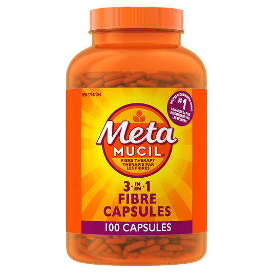 Metamucil Daily Fibre Supplement, Sugar Free, Naturally Sourced Psyllium Husk, Multi-Health Benefit Daily, Plant-Based, Gluten-Free Capsules, 100 Capsules