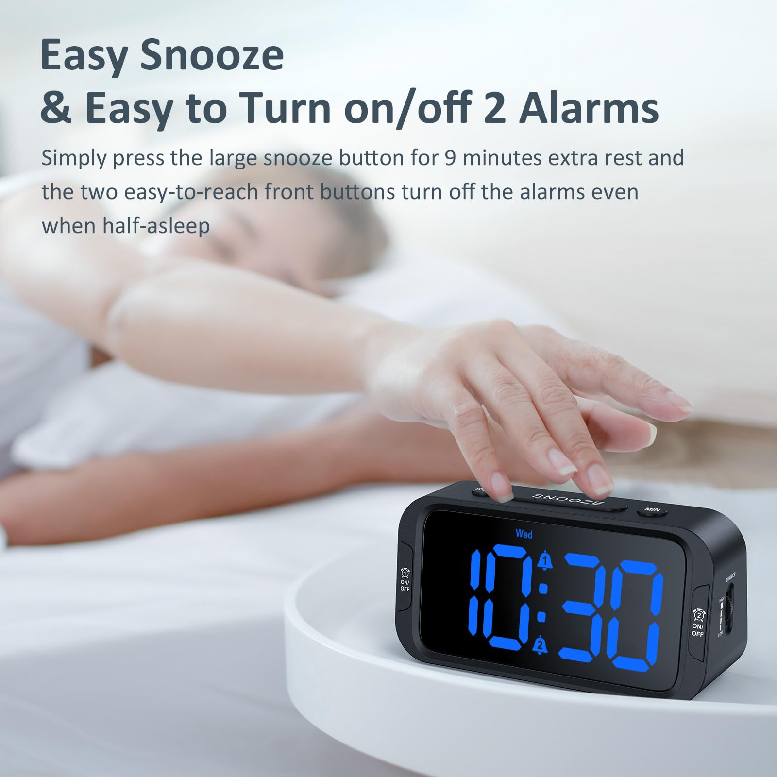 Odokee Digital Dual Alarm Clock for Bedroom, Easy to Set, 0-100% Dimmer, USB Charger, 5 Sounds Adjustable Volume, Weekday/Weekend Mode, Snooze, 12/24Hr, Battery Backup, Compact Clock for Bedside(Blue) - Available at All In One Marketplace Canada