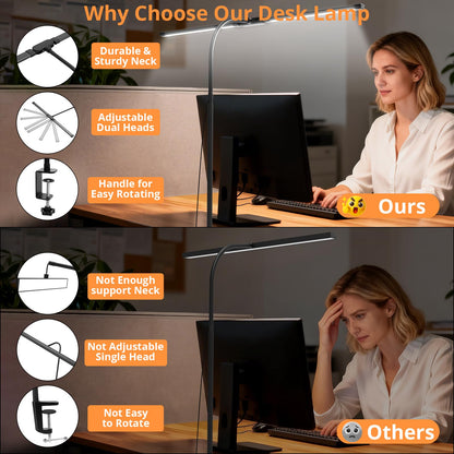 Desk Lamp with Clamp, Eye-Caring Desk Light with 50 Lighting Modes, Wide Double Head, Adjustable Architect Light Flexible Neck, Table lamp for Home Office, Computer, Craft(Includes Adapter) - Available at All In One Marketplace Canada