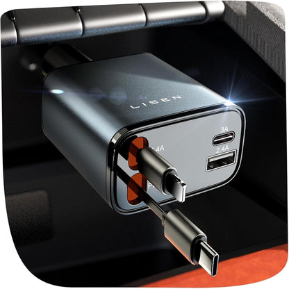 LISEN Retractable Car Charger, for Gifts for Him Her, 84W Cars Adapter USB C Fast Charger for iPhone 17 Pro Max, Car Accessories Gadgets for Men, Anniversary Birthday Gifts for Men Women - Available at All In One Marketplace Canada