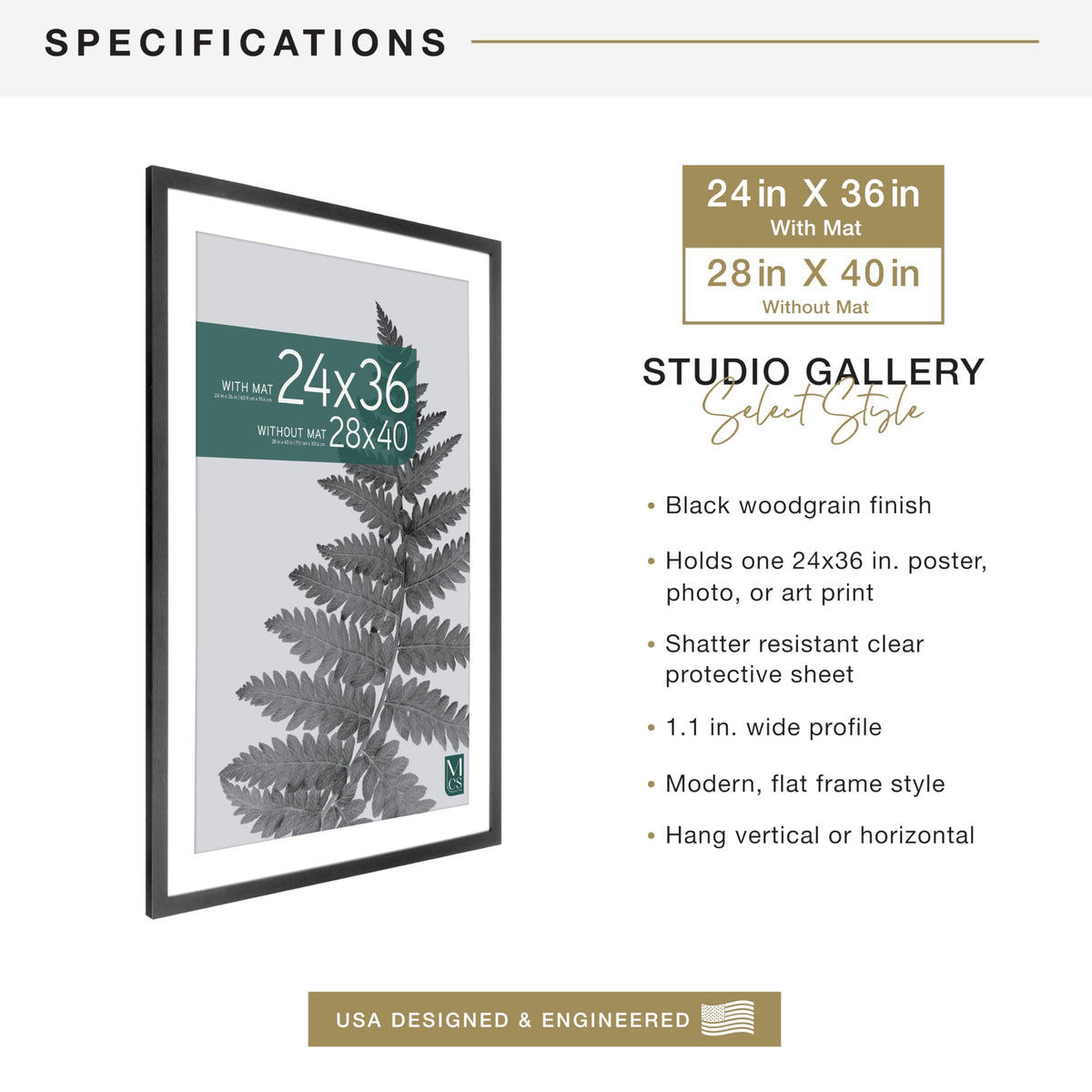 MCS Studio Gallery 28x40 Poster Frame, Display Pictures 24x36 With Mat or 28x40 Without Mat, Vertical & Horizontal Wall Hanging Large Picture Frame for Photos & Posters, Black (1-Pack)