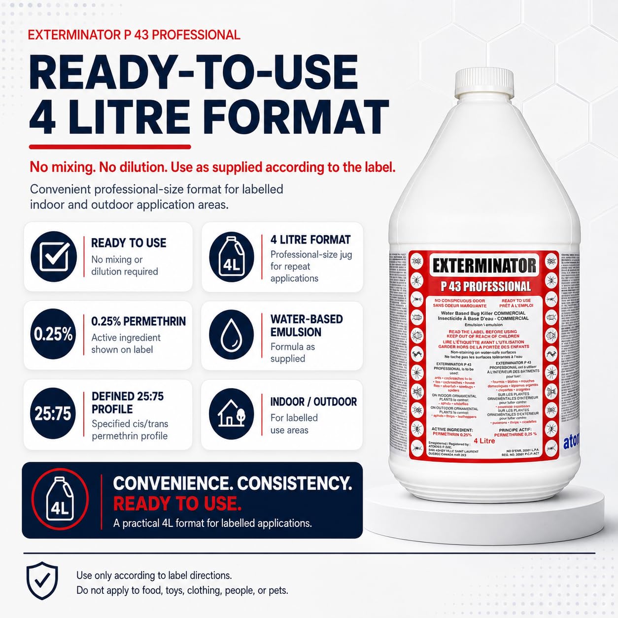 Exterminator P 43 Professional | Insect Killer Spray | Water-Based, Odor-Free Formula | 4L | Kills Ants, Cockroaches, Ticks, House Flies, Spiders | Indoor & Outdoor Use | Permethrin 0.25% - Available at All In One Marketplace Canada