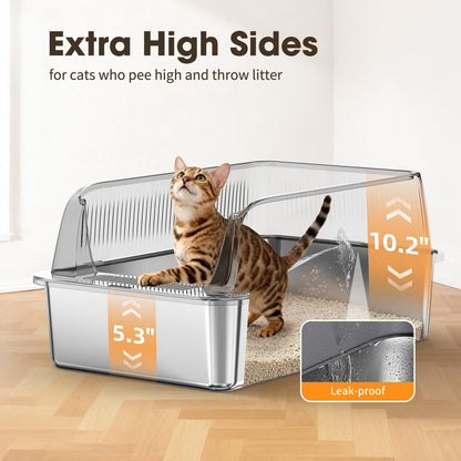 XL Stainless Steel Cat Litter Box with High Sides Lid, Large Litter Box for Big&Multiple Cats, Metal Kitty Litter Boxes with Anti-Leakage Enclosure,Non-Stick,Scoop Included - Available at All In One Marketplace Canada