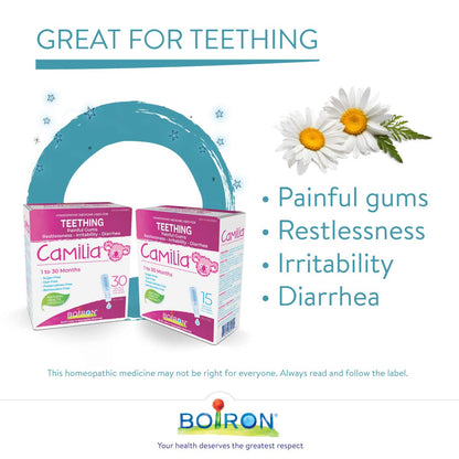Boiron Camilia Baby Teething 60 unit-doses (twin pack). Camilia used for pain, restlessness, irritability and diarrhea due to teething. Benzocaine-Free and Preservative-Free,No Sugar, No Dye. 1 to 30 months