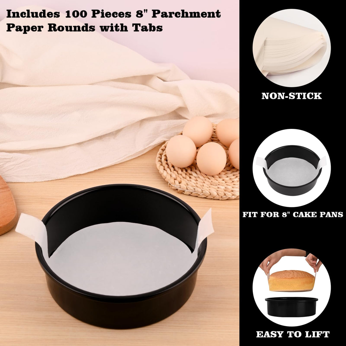 HUAKENER 8 Inch Cake Pan - Set of 3 Round Cake Pans with 100 Pieces Parchment Paper, Non-Stick Cake Baking Pans, Dishwasher Safe 🍁 All In One Marketplace Canada