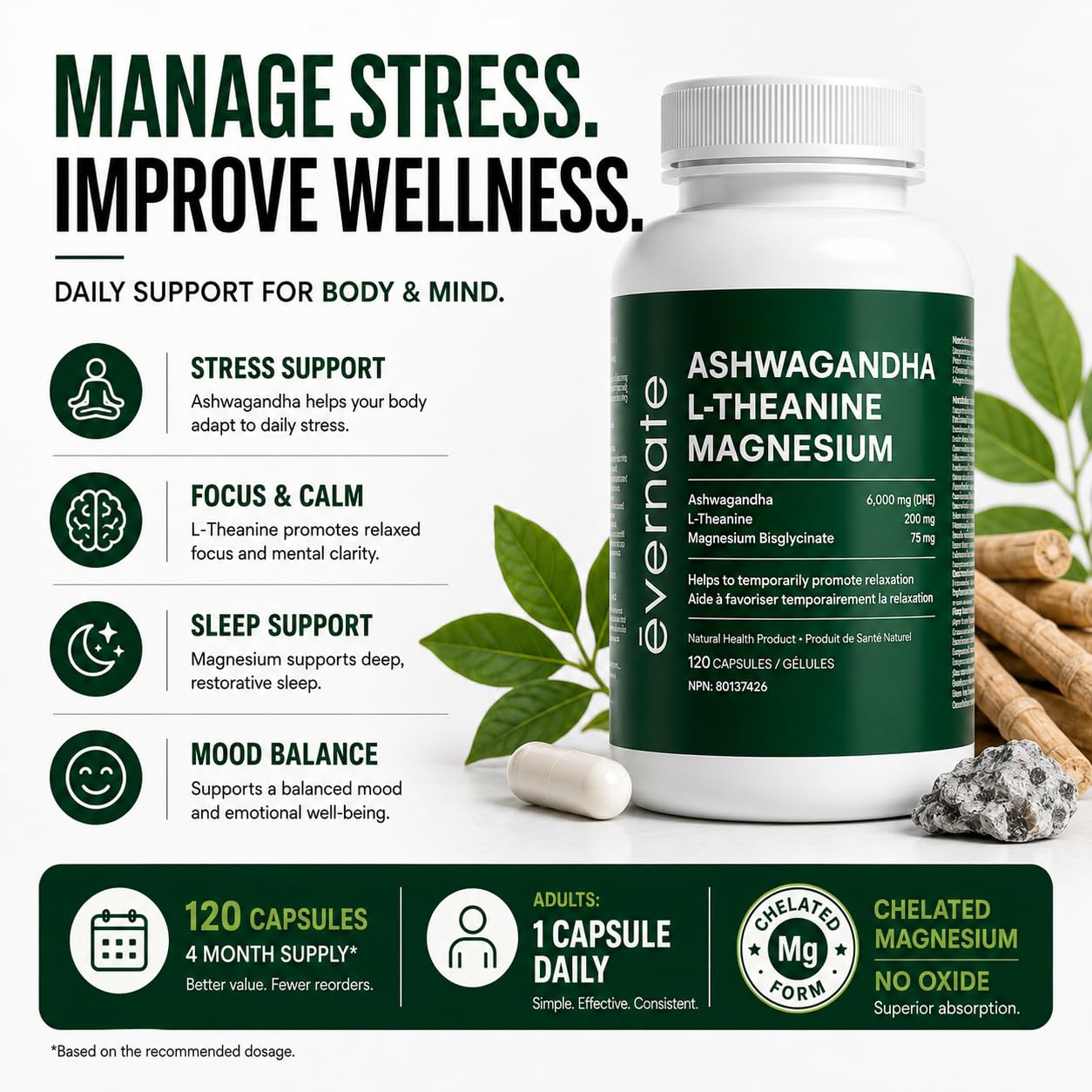ALL-IN-ONE Ashwagandha 6000mg with L-Theanine 200mg & Magnesium Bisglycinate Chelated – Stress, Sleep, Mood, Calm & Relaxation Support – Non-GMO Vegan – 120 Capsules, 4 Month Supply – 1 Capsule Daily – Made in Canada - Available at All In One Marketplace Canada