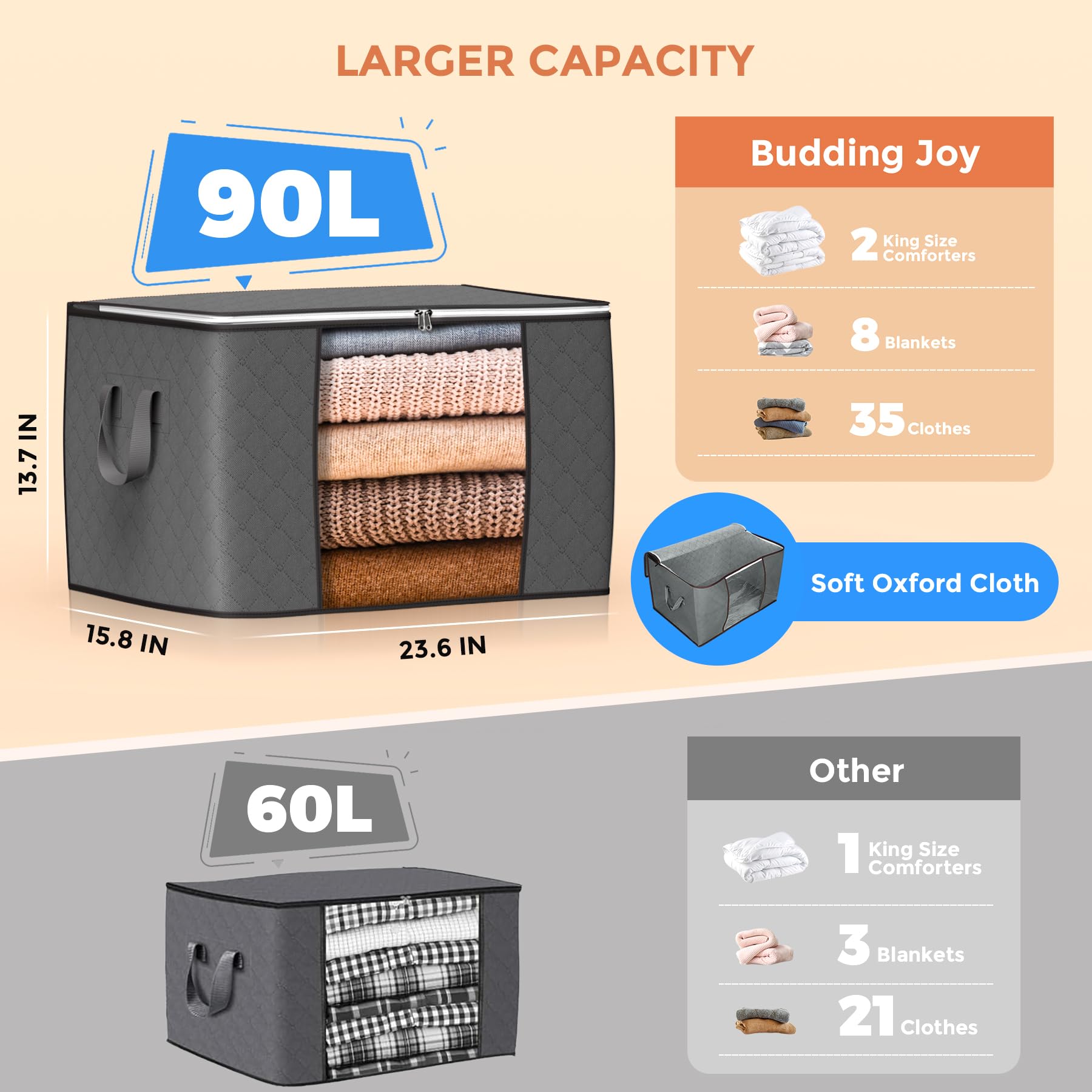 90 L Large Storage Bags, 6 Pack Clothes Storage Bins Foldable Closet Organizers and Storage Containers with Reinforced Handle for Clothing, Blanket, Comforters, Bed Sheets, Pillows and Toys (Gray) - Available at All In One Marketplace Canada