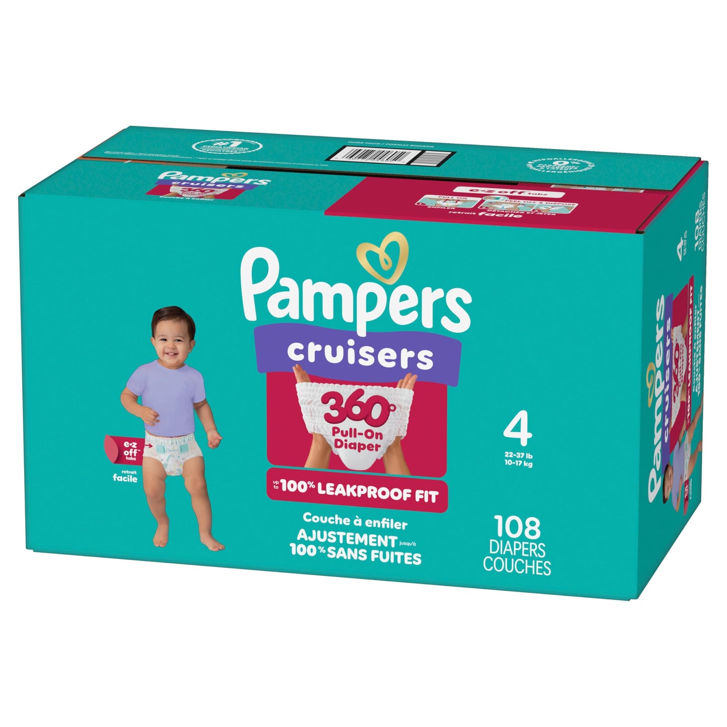 Pampers Diapers - Cruisers 360° - Size 4, up to 100% Leakproof Fit, Designed for Active Babies, Pull On Diaper, EZ Off Tabs Designed for Easy Changes, 1 Pack (Count of 108)