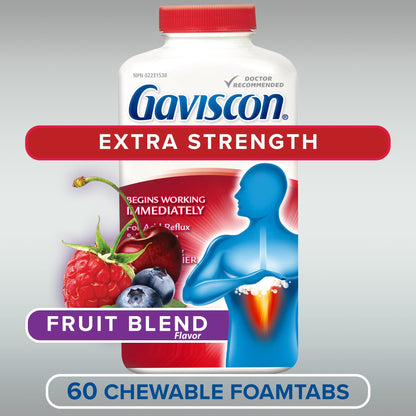 Gaviscon Extra Strength Tablets - 60 Count - Chewable Foaming Antacid Tablets for Day and Night Heartburn Relief, Acid Reflux and GERD Relief, Fruit Blend - Free of Aluminum, Lactose and Gluten