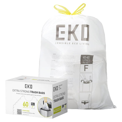 EKO 13 Gallon / 40-60 Liter Drawstring Trash Bags, Extra-Strong Unscented Garbage Bags, 60 Count Easy-Dispense Roll for Kitchen & Household Use, Leak-Resistant, Code F, White EKO